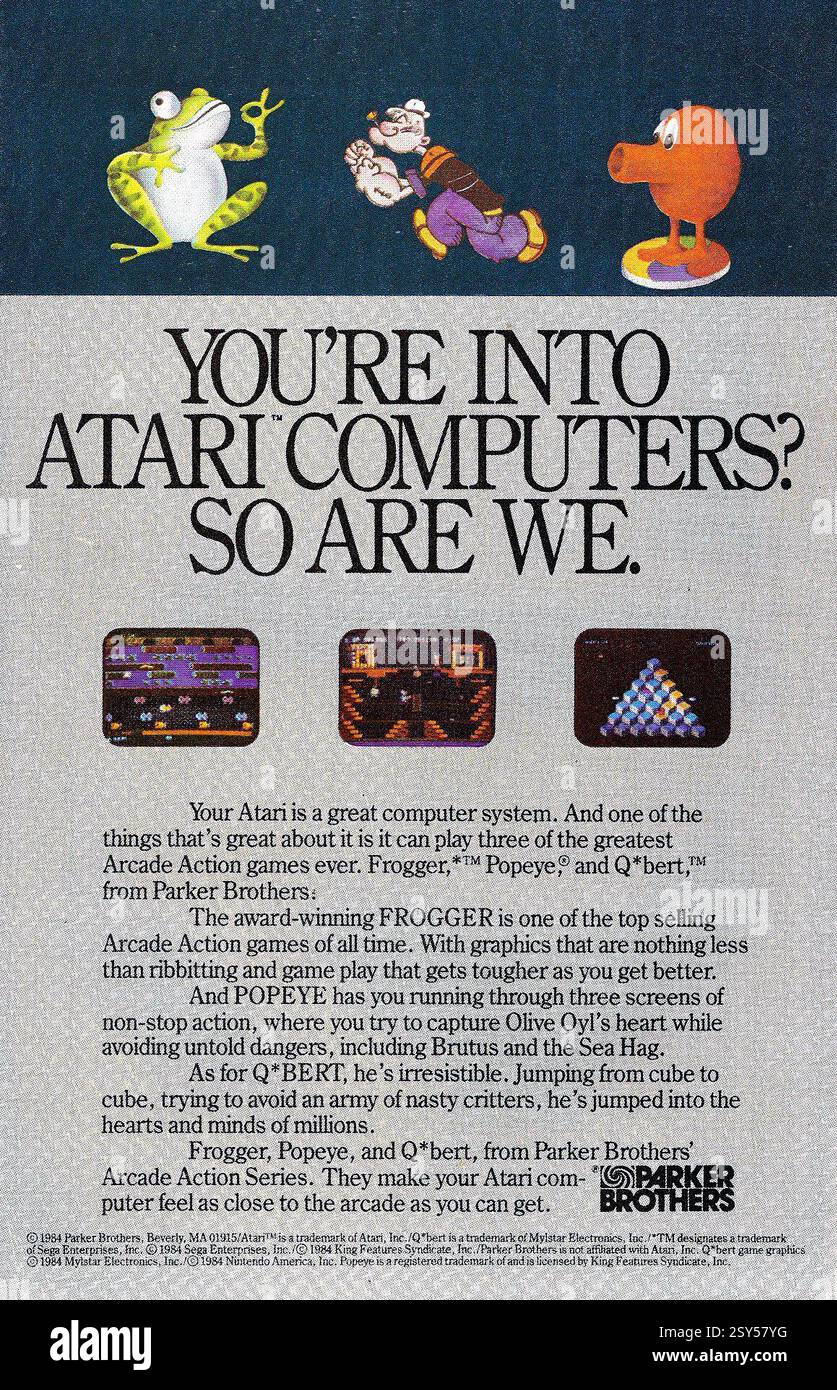 1984 pubblicità per giochi Atari - Frogger, braccio di ferro, Q*bert di Parker Brothers Foto Stock