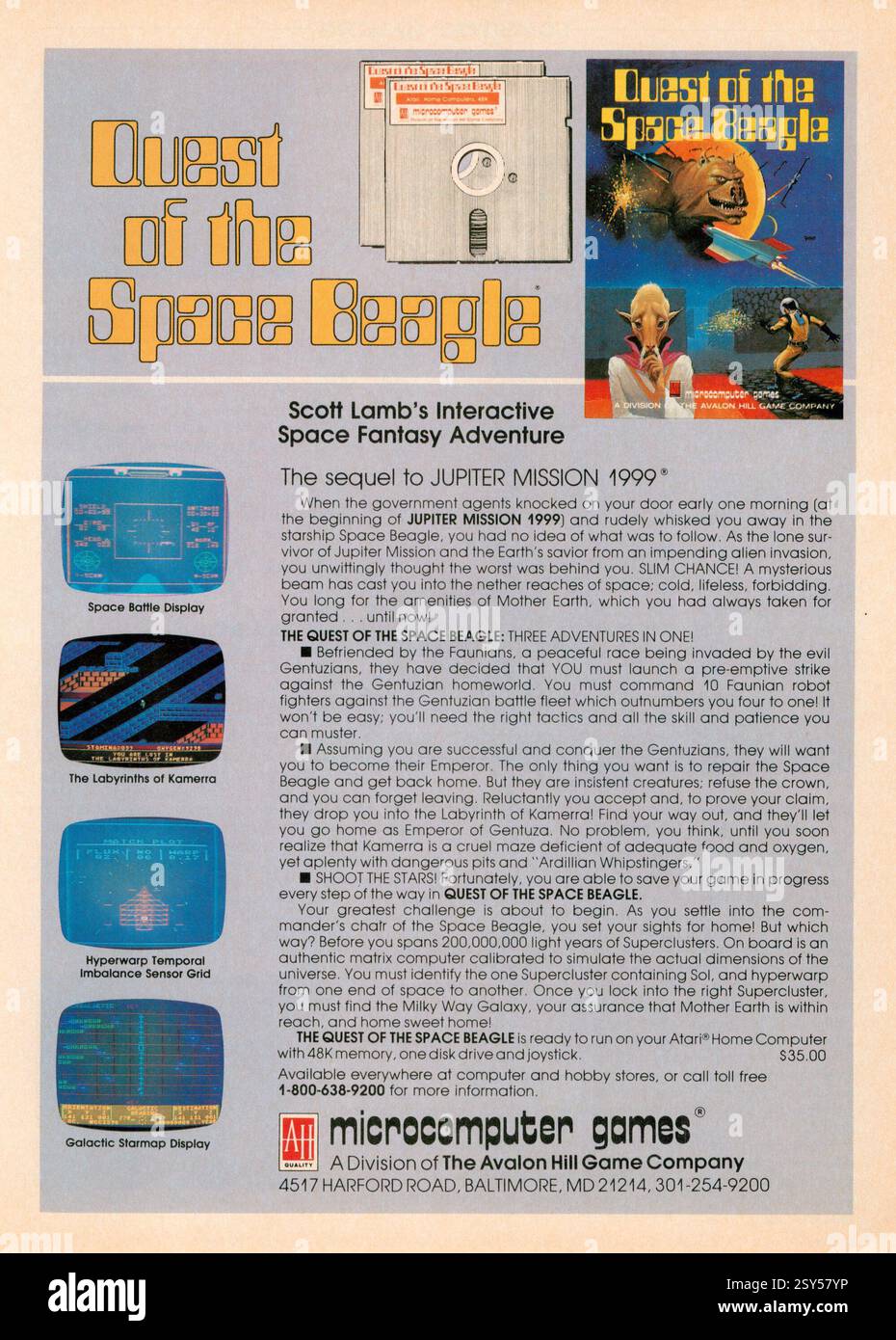 1984 ad for quest of the Space Beagle - un gioco di azione-avventura scritto da Scott Lamb per Atari 8-bit Computers e pubblicato da Avalon Hill Foto Stock