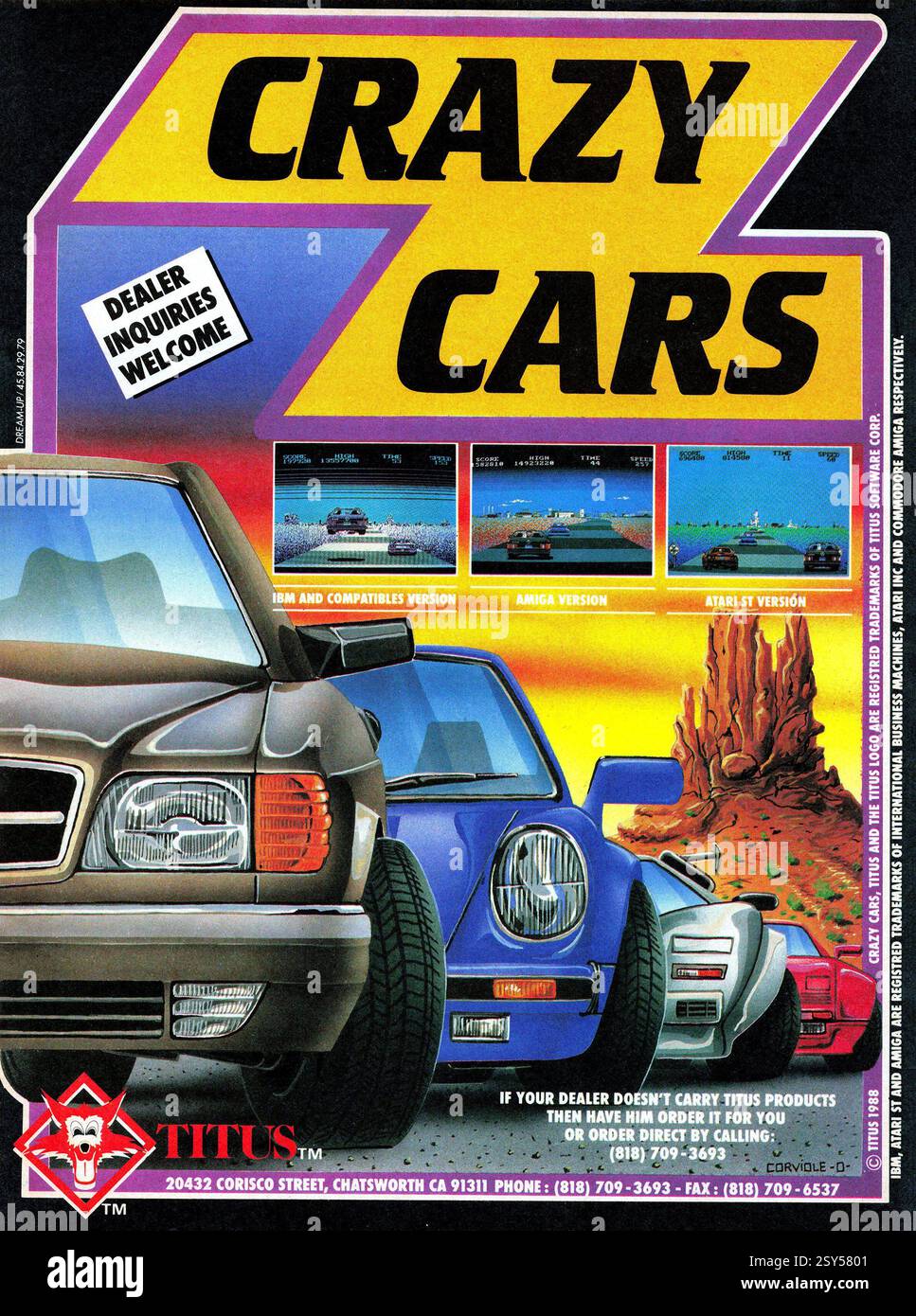 1987 annuncio per Crazy Cars, F40 Pursuit Simulator o Lamborghini American Challeng, un gioco di corse di Titus Interactive Foto Stock