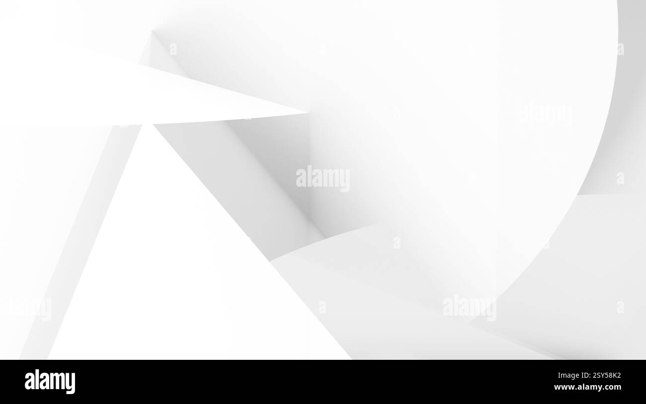 Composizione geometrica astratta con toni bianchi, con forme triangolari disposte e sovrapposte per un design moderno e minimalista Foto Stock