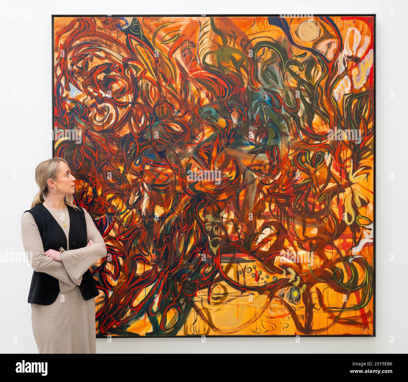 White Cube Mason's Yard, Londra, Regno Unito. 27 febbraio 2025. La mostra personale di opere su larga scala dell'artista saudita Alia Ahmad si svolge dal 28 febbraio al 5 aprile 2025. Le opere includono: Alia Ahmad, Clusters, 2024. Crediti: Malcolm Park/Alamy Live News Foto Stock