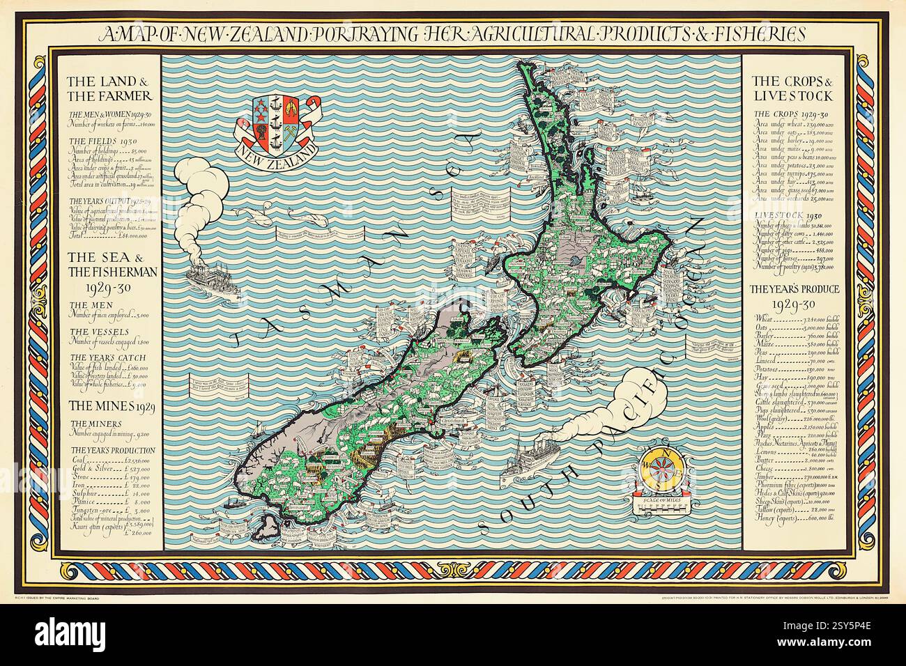 Mappa della nuova Zelanda - raffigurazione dei suoi prodotti agricoli e della pesca - 1931 Foto Stock