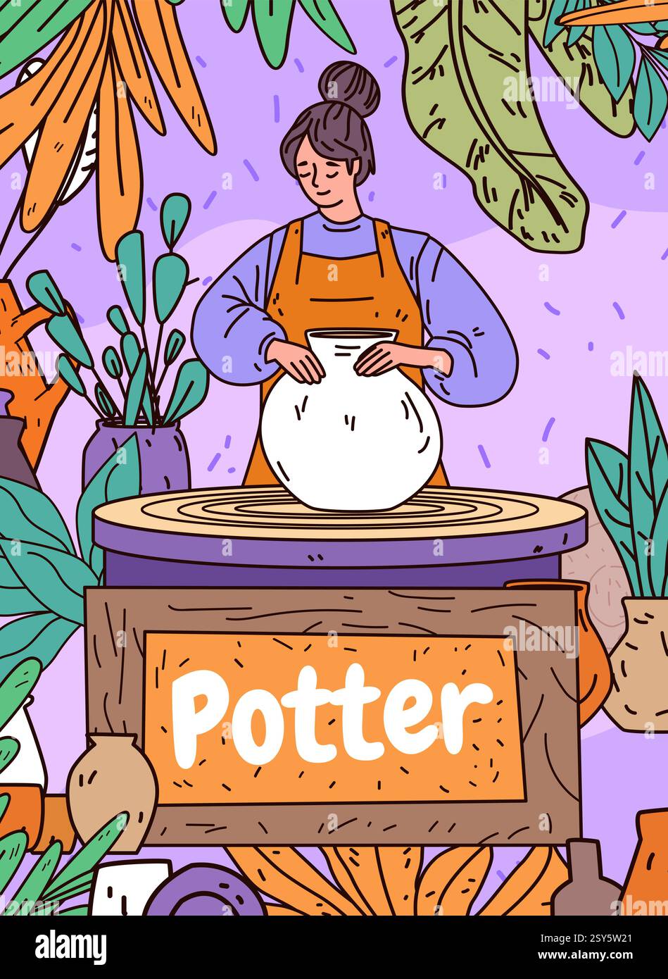 L'artista della ceramica crea un vaso circondato da piante scena colorata con donna che forma l'argilla sulla ruota del vasaio vibrante lascia il concetto di laboratorio artistico Illustrazione Vettoriale