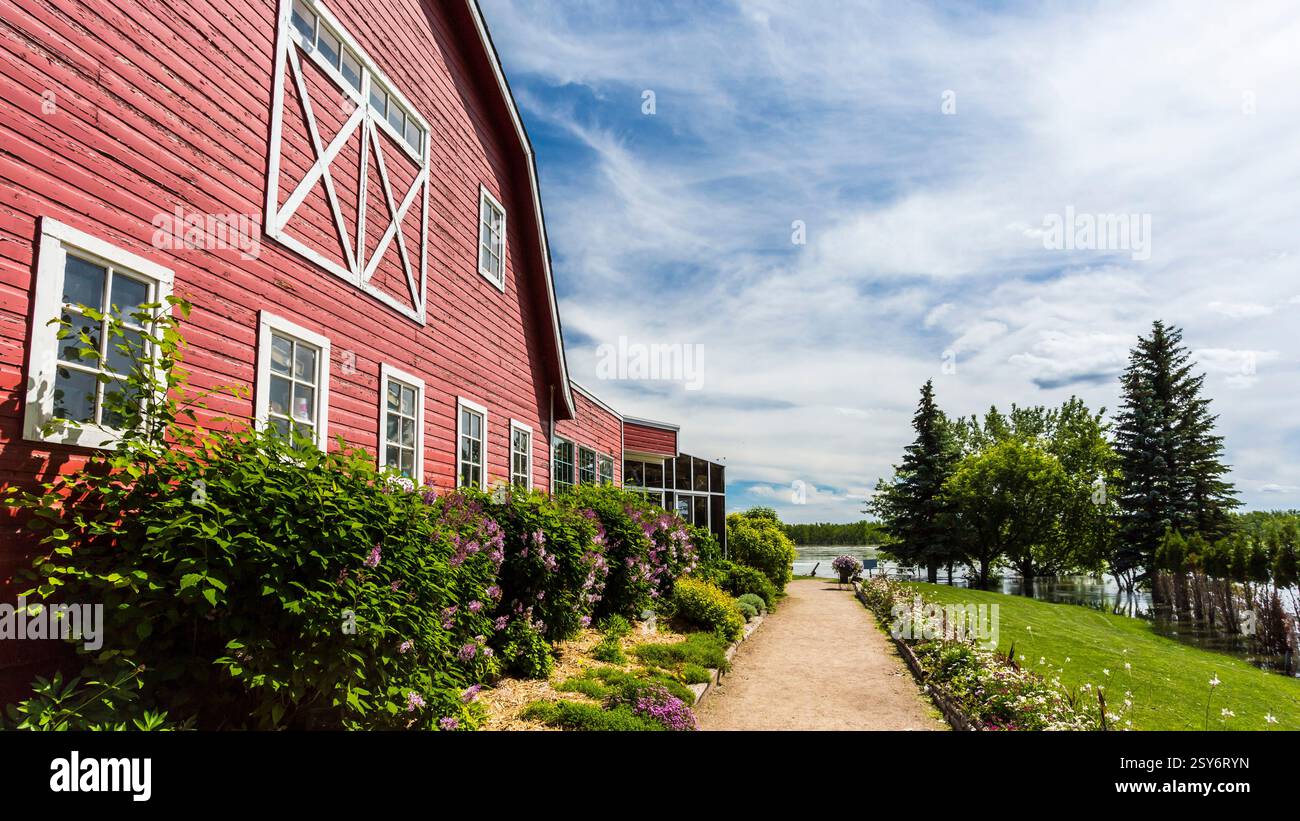 Fienile rosso con tetto bianco. Il fienile è circondato da un giardino. Il giardino ha un sentiero che conduce al fienile Foto Stock