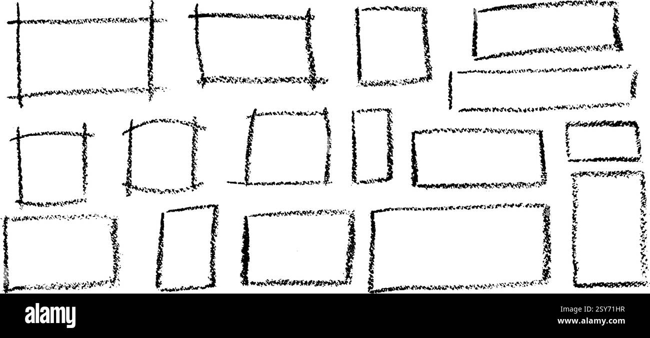 Set di telai disegnati a mano in gesso nero. Collezione di scritte su lavagna da bambini di forme rettangolari e geometriche quadrate. Doodle nero vettoriale Illustrazione Vettoriale