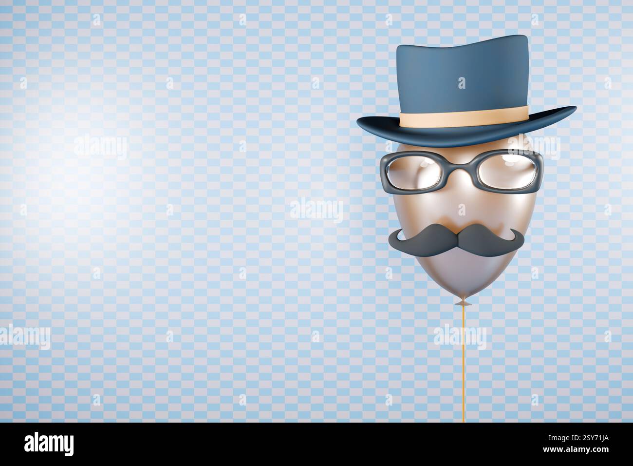 Un personaggio stravagante con baffi, bicchieri e cappello, la festa del papà per una festa. rendering 3d. Foto Stock