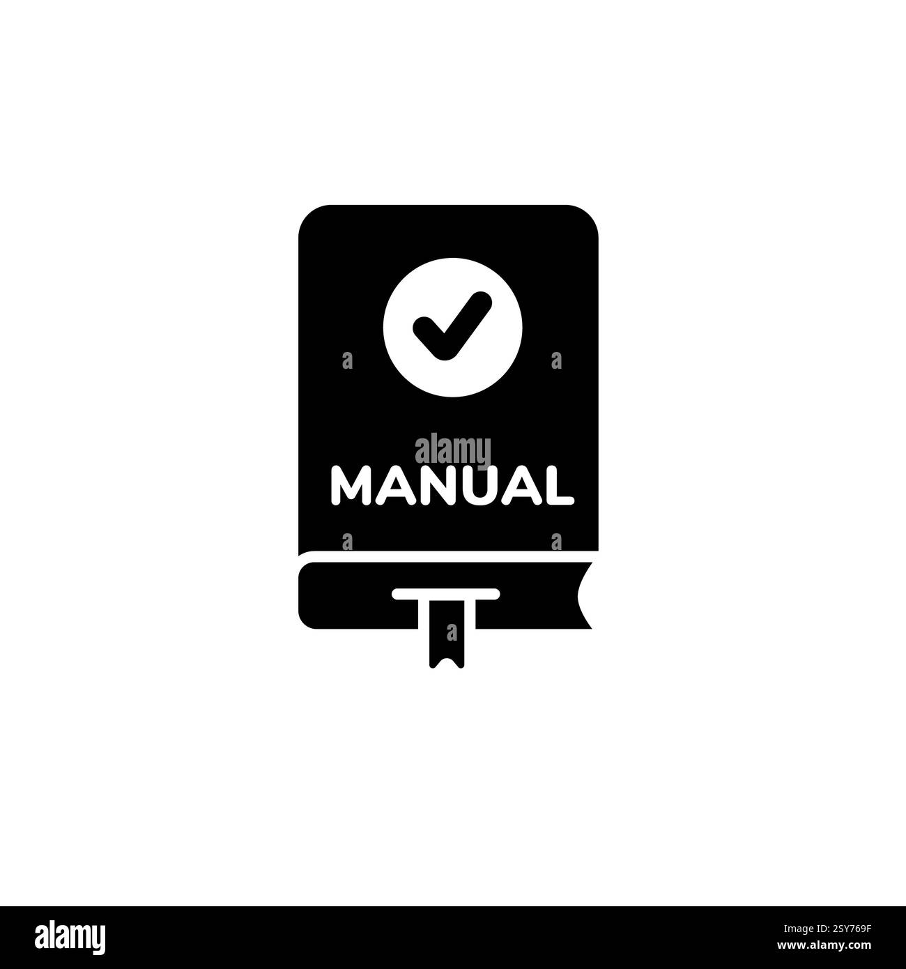 Icona manuale con segno di spunta che rappresenta una guida di istruzioni o un manuale di istruzioni Foto Stock