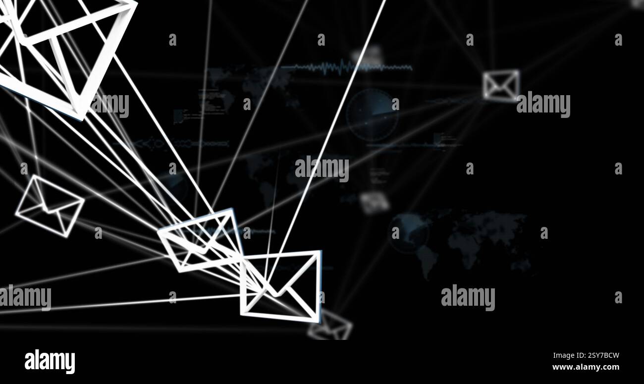 Comunicazione via e-mail e trasferimento dati immagine su mappa mondiale e interfaccia digitale Foto Stock