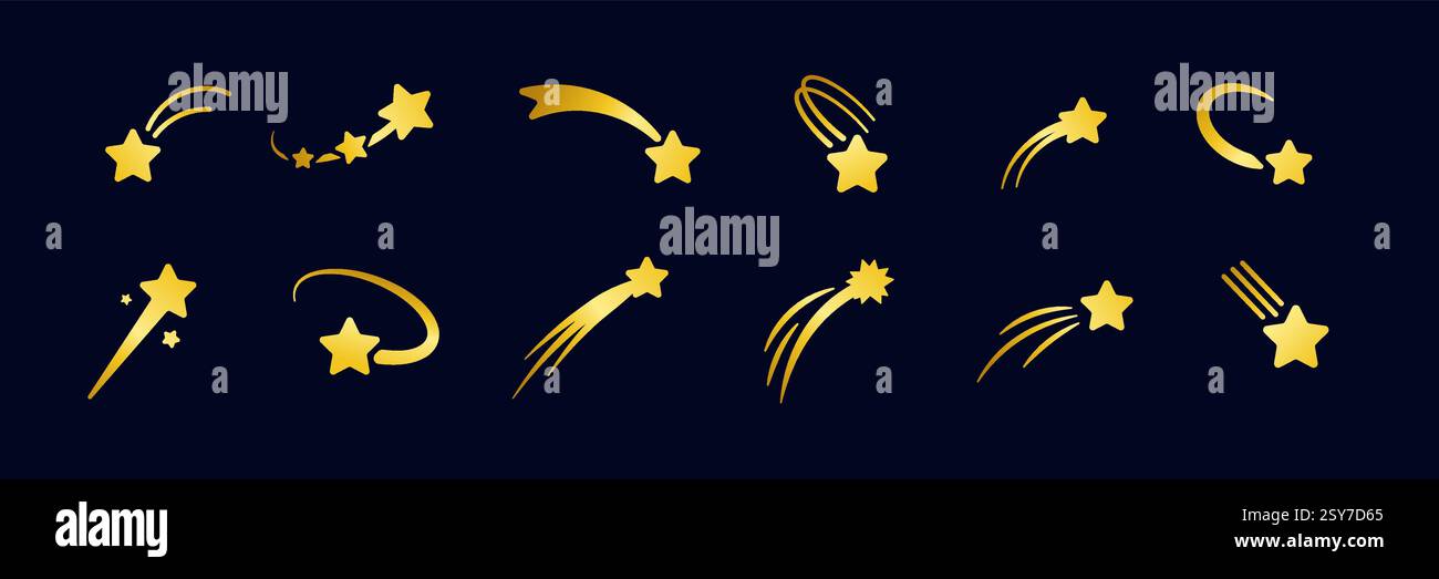 Collezione di eleganti stelle e comete dorate in varie posizioni e posizioni Illustrazione Vettoriale