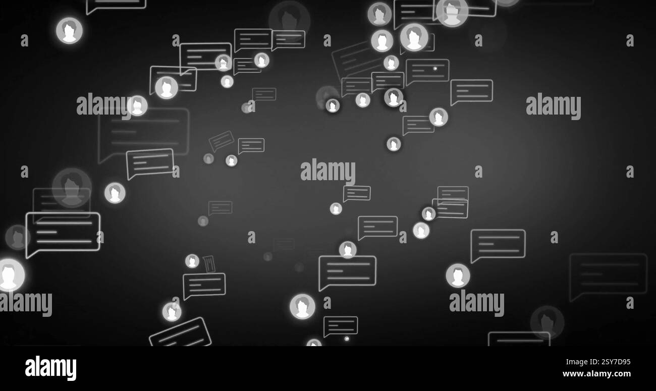 Immagine di icone con bolle vocali su sfondo nero Foto Stock