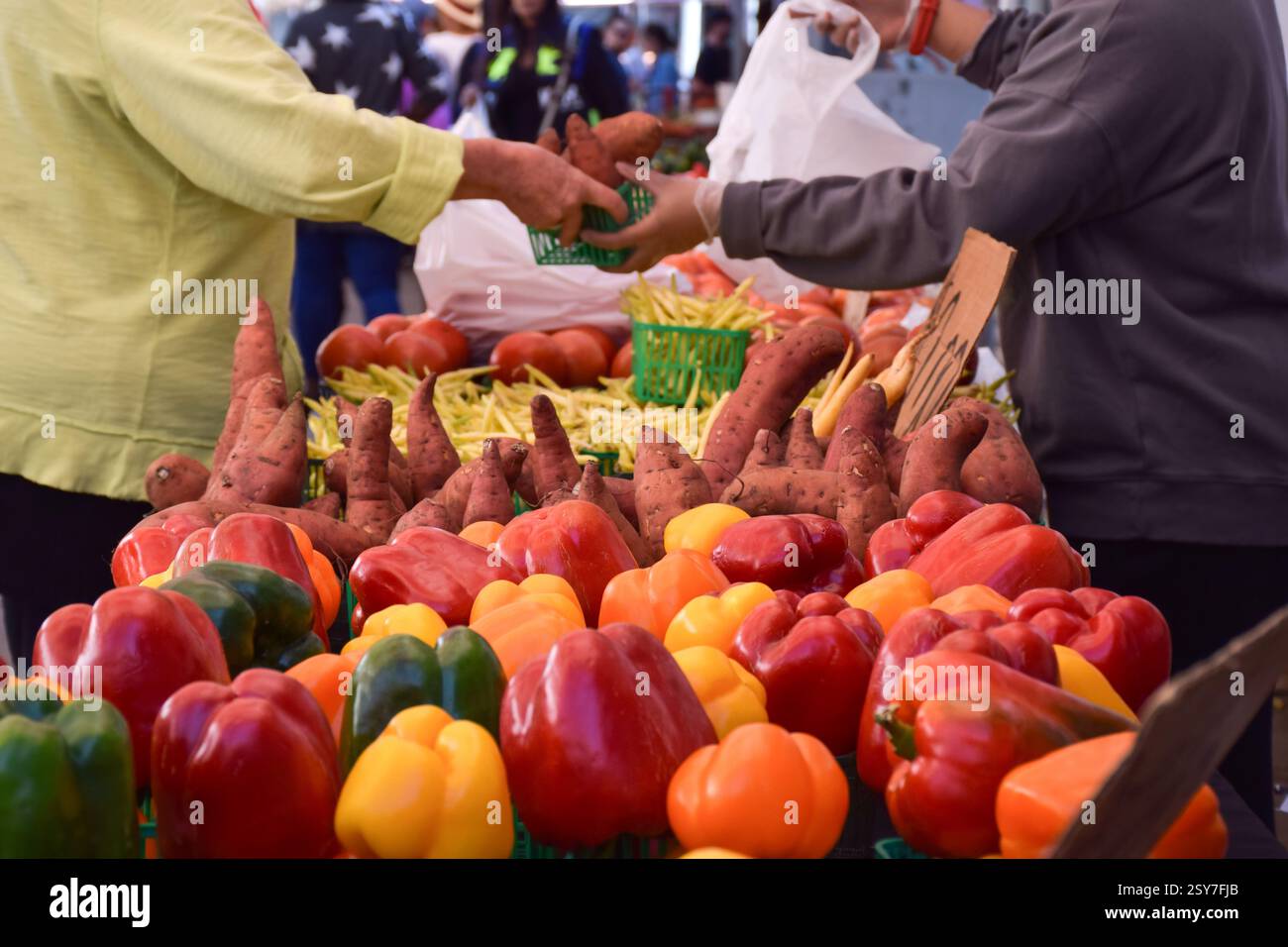 Persona che acquista prodotti freschi al mercato agricolo Foto Stock