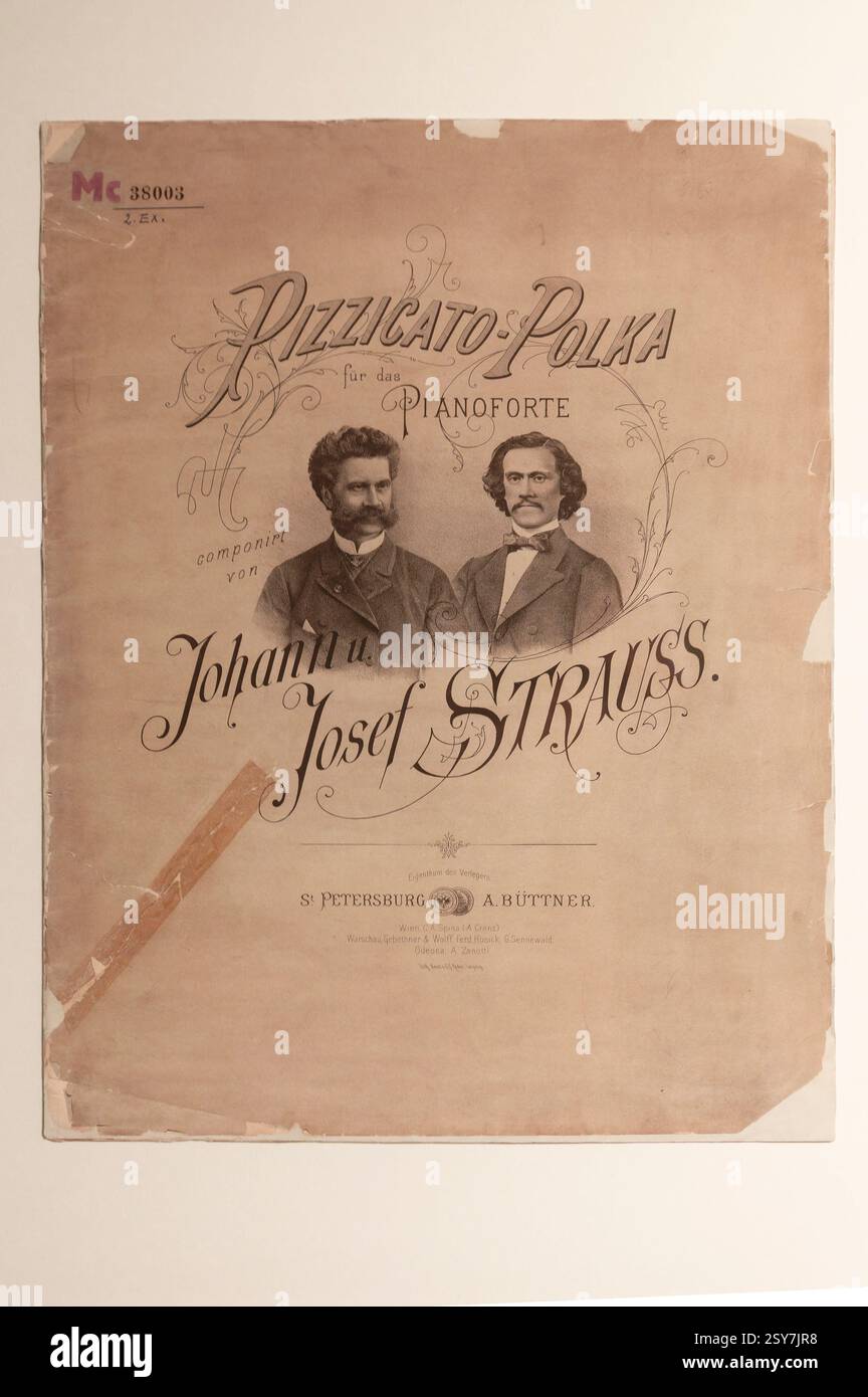 Vienna, Austria. Johann Strauss (25 ottobre 1825 a St. Ulrich vicino Vienna, 3 giugno 1899 a Vienna) appartamento in Praterstrasse nel † distretto, i salotti e le sale di lavoro dell'appartamento originale sono ora un memoriale dei musicisti, poster per piano forte composto da Johann e Josef Strauss Foto Stock