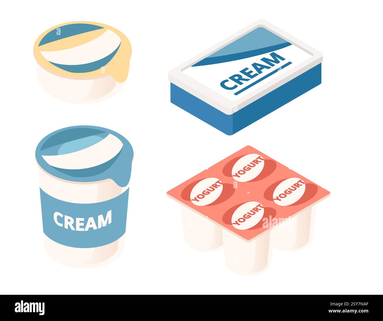 Raccolta isometrica di prodotti lattiero-caseari. Contenitore cilindrico blu per panna e yogurt. Confezione rettangolare di burro. Cucinare prodotti lattiero-caseari. Cibo da negozio di alimentari. Illustrazione Vettoriale