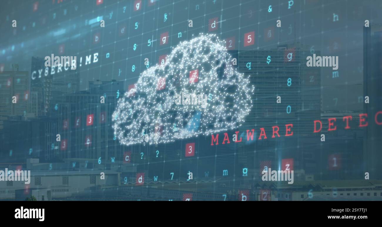 Immagine del concetto di cloud computing sulla città con codice binario e numeri Foto Stock