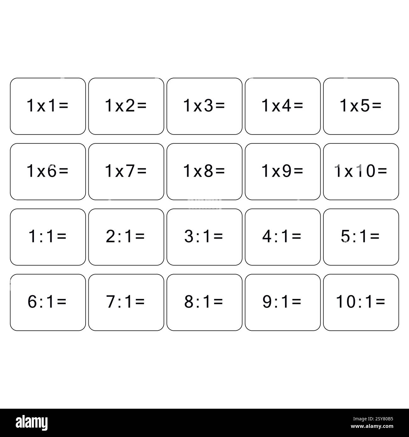 Tabella di moltiplicazione e divisione di 1. Scheda matematica con un esempio. Moltiplicazione quadrata, illustrazione vettoriale. Striscione stampato, tavolo per bambini Illustrazione Vettoriale