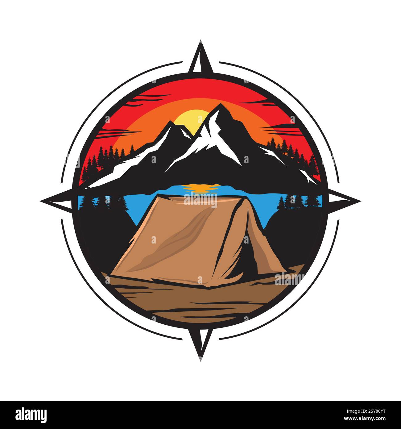 Logo illustrativo per campeggio e avventura con logo vettoriale del campus. Illustrazione Vettoriale