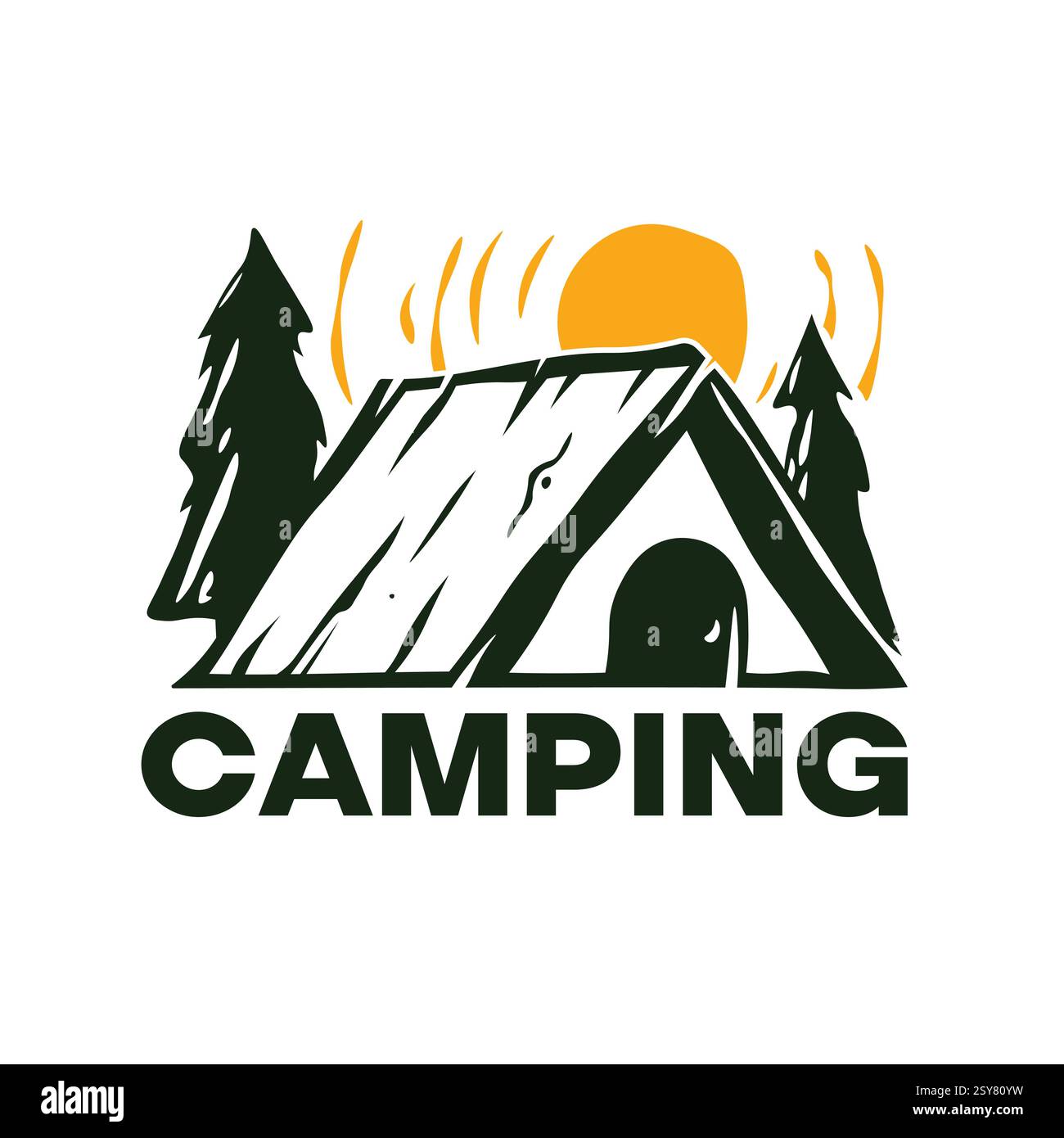 Logo per campeggio e avventura con logo vettoriale. Avventura all'aperto, badge da campeggio, logo vettoriale escursionistico, tenda, design t-shirt. Illustrazione Vettoriale