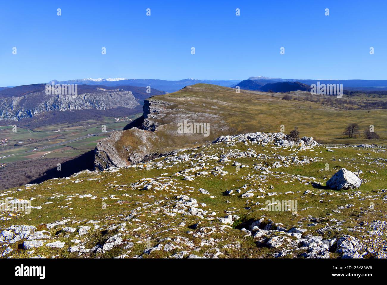 Prati Legaire nella Sierra Entzia o Enca. Sullo sfondo la catena montuosa dell'Aralar con la neve. Paesi Baschi. Spagna Foto Stock