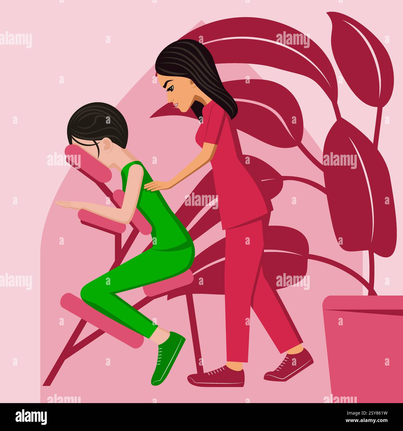 Massaggio manuale. Trattamento da parte di terapista professionista nella SPA. Terapia con massaggio su sedia. Illustrazione del vettore piatto isolato. Etnia orientale e asiatica. Illustrazione Vettoriale