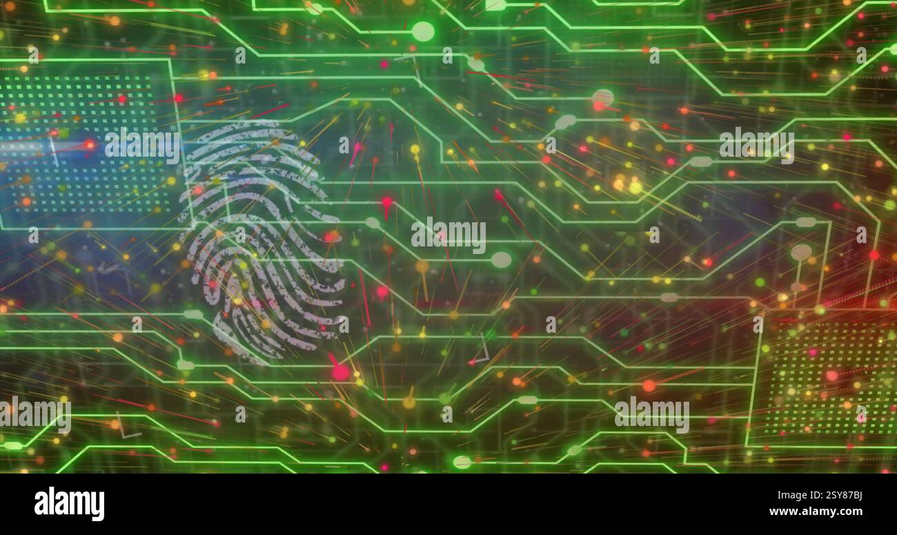 Immagine della rete di connessioni tramite impronta digitale e scheda di circuito del computer su sfondo nero Foto Stock