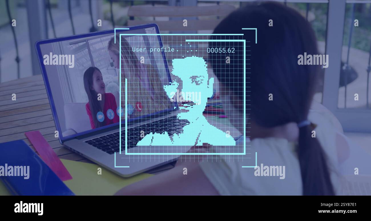 Immagine di foto biometriche ed elaborazione dei dati su persone diverse durante una chiamata con l'immagine di un laptop Foto Stock