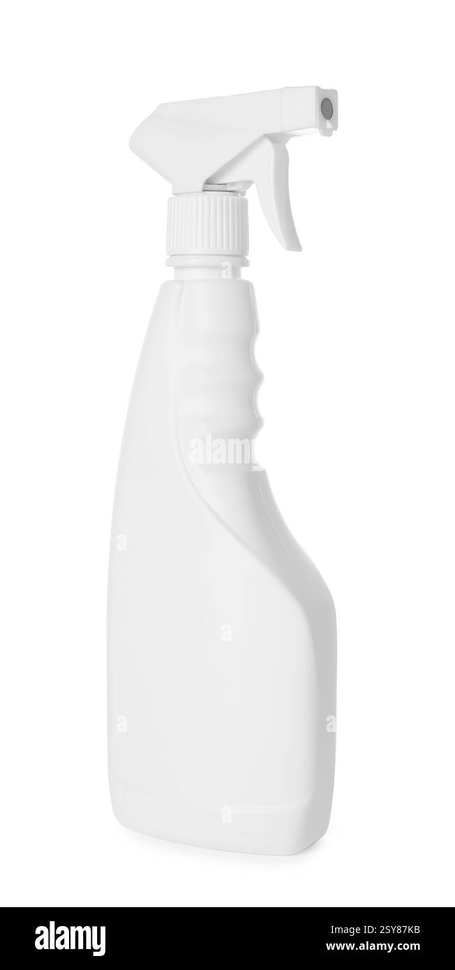 Spruzzare una bottiglia di prodotto detergente isolato su bianco Foto Stock