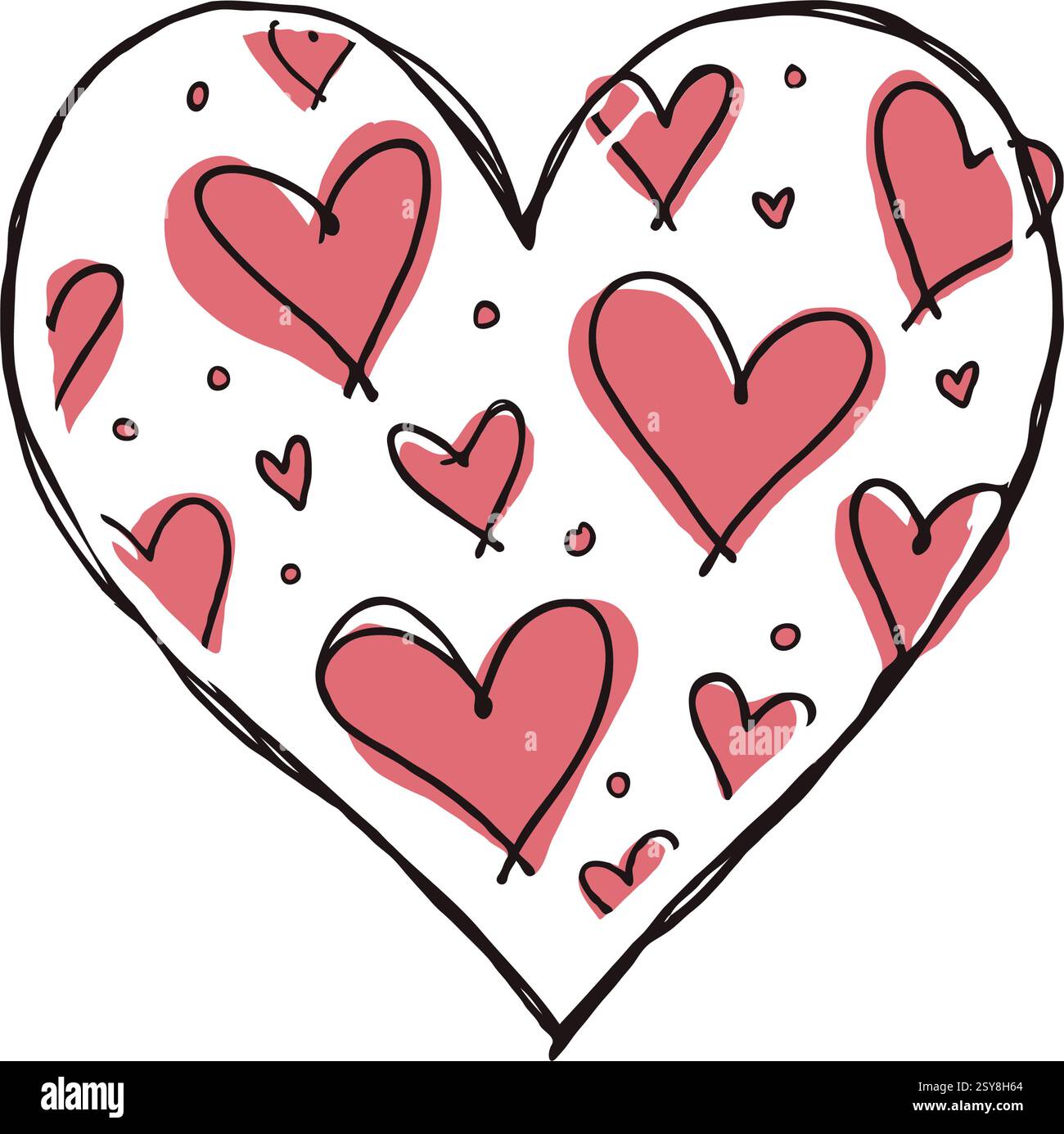 Forma del cuore piena di cuori e scarabocchi rossi disegnati a mano, stile disegnato, isolato su sfondo bianco, concetto di amore e romanticismo. San Valentino Illustrazione Vettoriale