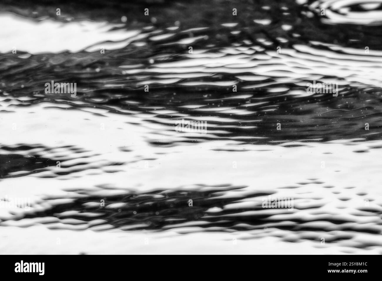Increspature astratte in bianco e nero sulla superficie dell'acqua con riflessi di luce e consistenza Foto Stock