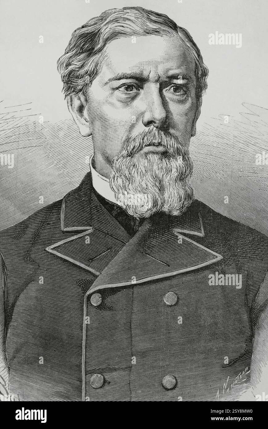 Antonio López y López (Antonio Víctor López López de Lamadrid) (1817-1883), i marchese di Comillas. Uomo d'affari spagnolo e banchiere. Presidente della Compañía Trasatlántica Española ("la Trasatlántica"). Verticale. Disegno di Badillo. Incisione di Arturo Carretero (1852-1903). La Ilustración Española y americana (The Spanish and American Illustration), 1883. Foto Stock
