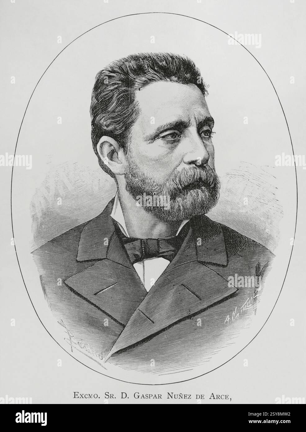 Gaspar Núñez de Arce (1832-1903). Poeta e politico spagnolo. Prese parte attiva alla Gloriosa Rivoluzione del settembre 1868 per detronizzare Isabella II Ministro d'oltremare nel 1883 nel governo presieduto da Sagasta. Verticale. Disegno di Badillo. Incisione di Arturo Carretero (1852-1903). La Ilustración Española y americana (The Spanish and American Illustration), 1883. Foto Stock