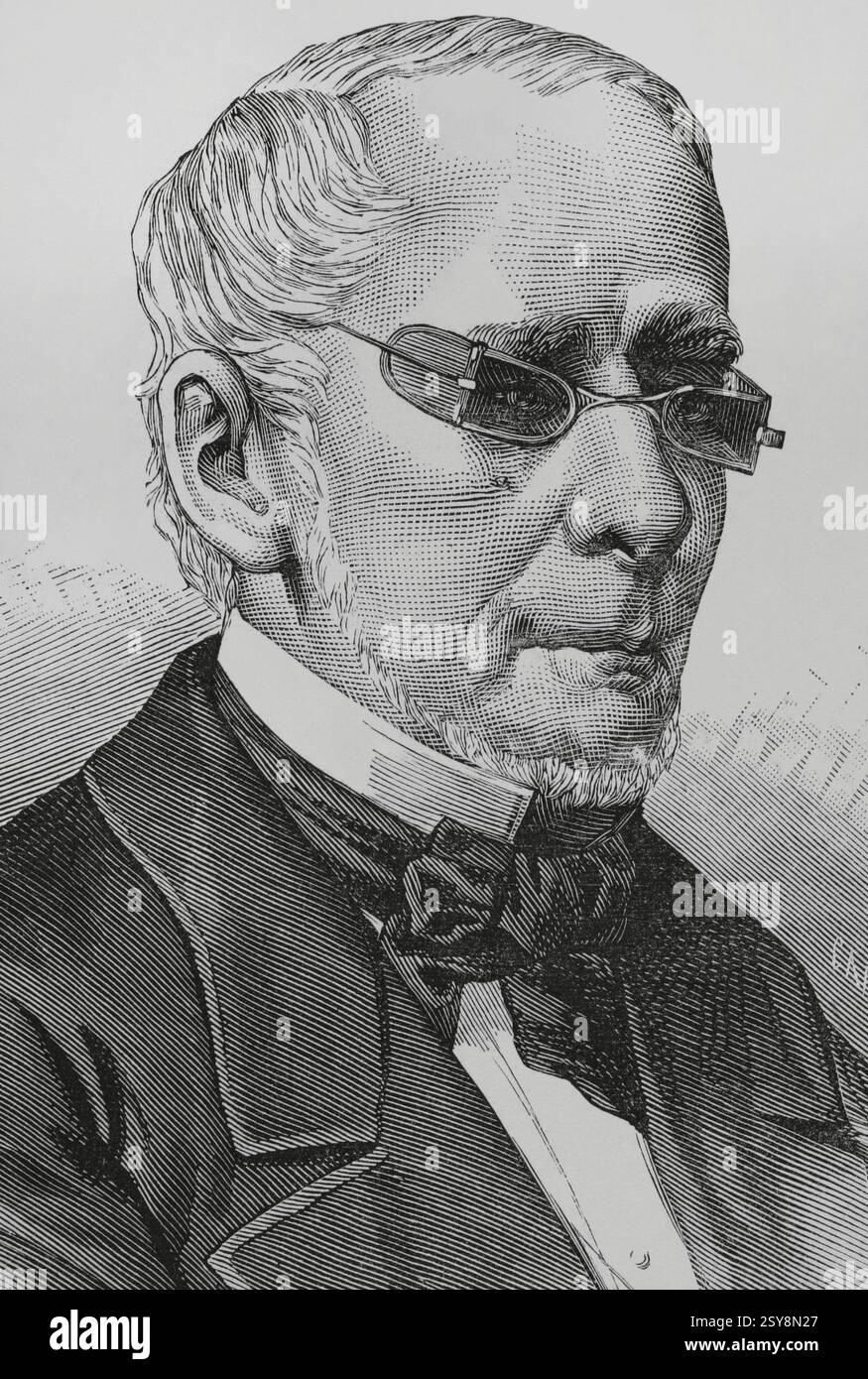 Francisco Javier Zaldúa (Francisco Javier Martínez de Zaldúa de Racines) (1811-1882). Avvocato e politico colombiano, membro del Partito Liberale colombiano (PLC) (Partito Liberale colombiano). Presidente degli Stati Uniti d'America della Colombia (dal 1o aprile 1882 al 21 dicembre 1882). Verticale. Disegno di Badillo. Incisione di Arturo Carretero (1852-1901). La Ilustración Española y americana (The Spanish and American Illustration), 1883. Foto Stock