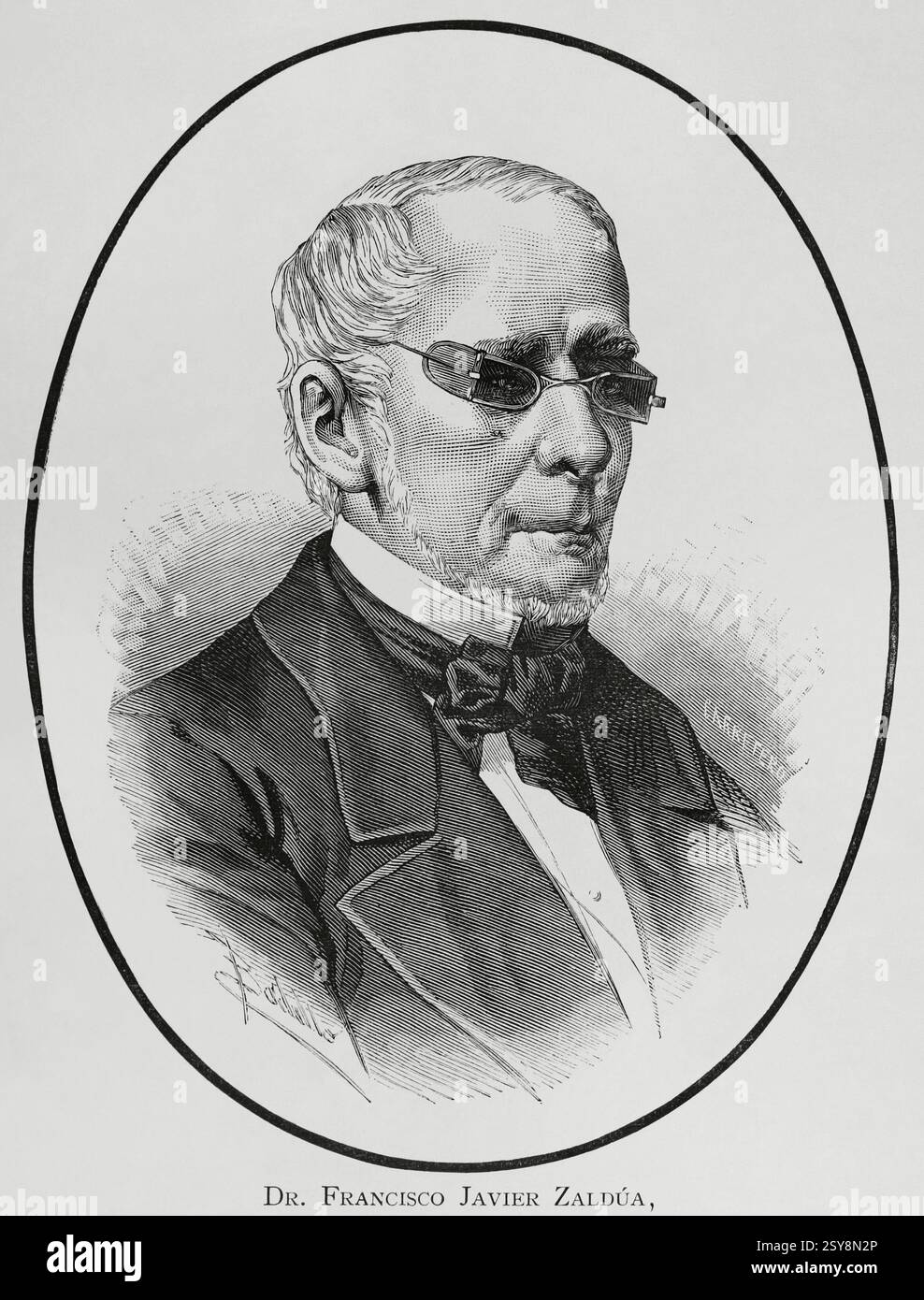 Francisco Javier Zaldúa (Francisco Javier Martínez de Zaldúa de Racines) (1811-1882). Avvocato e politico colombiano, membro del Partito Liberale colombiano (PLC) (Partito Liberale colombiano). Presidente degli Stati Uniti d'America della Colombia (dal 1o aprile 1882 al 21 dicembre 1882). Verticale. Disegno di Badillo. Incisione di Arturo Carretero (1852-1901). La Ilustración Española y americana (The Spanish and American Illustration), 1883. Foto Stock
