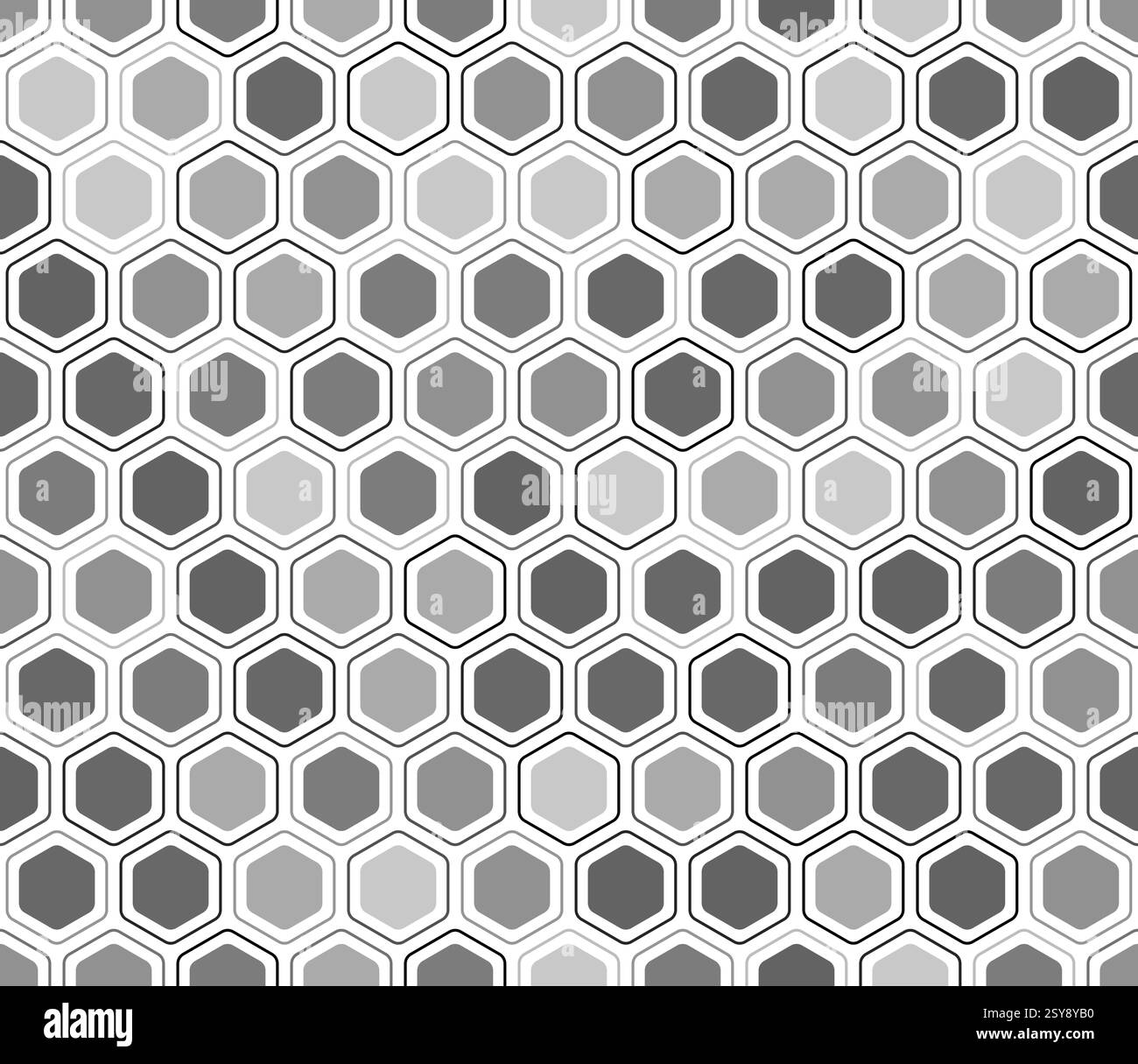 Sfondo a mosaico a nido d'ape. Esagoni arrotondati modello a mosaico con celle solide interne. Tonalità di colore grigie. Forme esagonali. Modello a piastrelle. Illustrazione Vettoriale