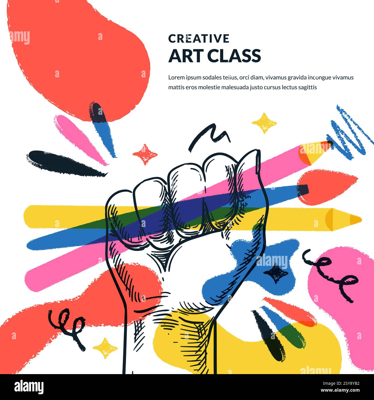 Pennello e matite multicolore in mano umana su vernici blot sfondo. Arte creativa per bambini e concetto di classe artigianale. Schizzo sovrapposto disegnato a mano vettoriale Ill Illustrazione Vettoriale