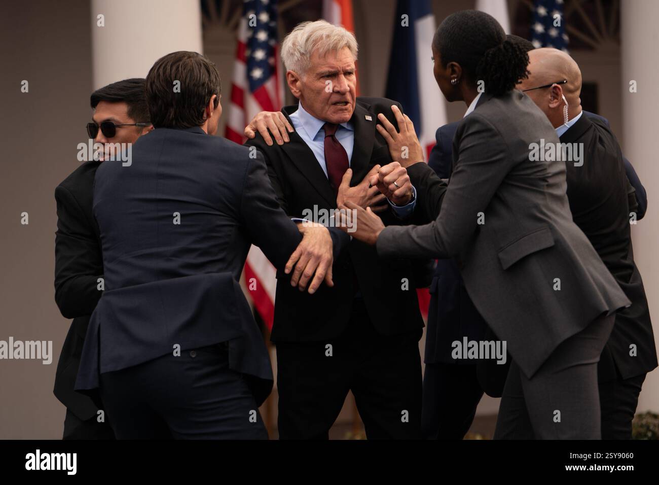 Captain America: Brave New World (2025)Harrison Ford President Thaddeus Ross Xosha Roquemore nel ruolo di Leila Taylor *Filmstill - solo uso editoriale* Vedi Spe Foto Stock