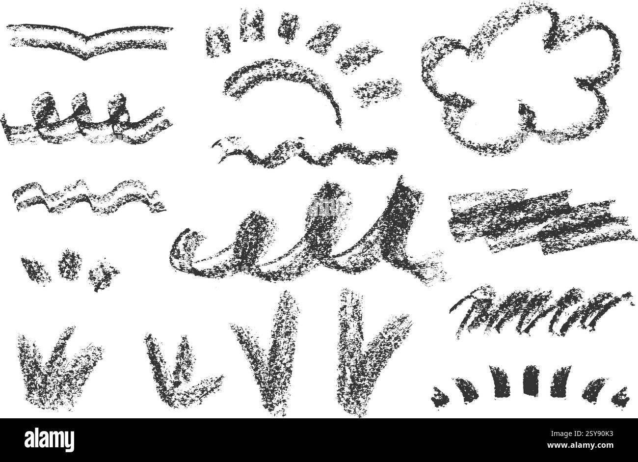 I simboli meteorologici delle nuvole dei gessetti dei bambini impostano icone ingenue per bambini isolate su sfondo bianco. Carino gesso disegnato erba, onde, sole. Simboli Illustrazione Vettoriale