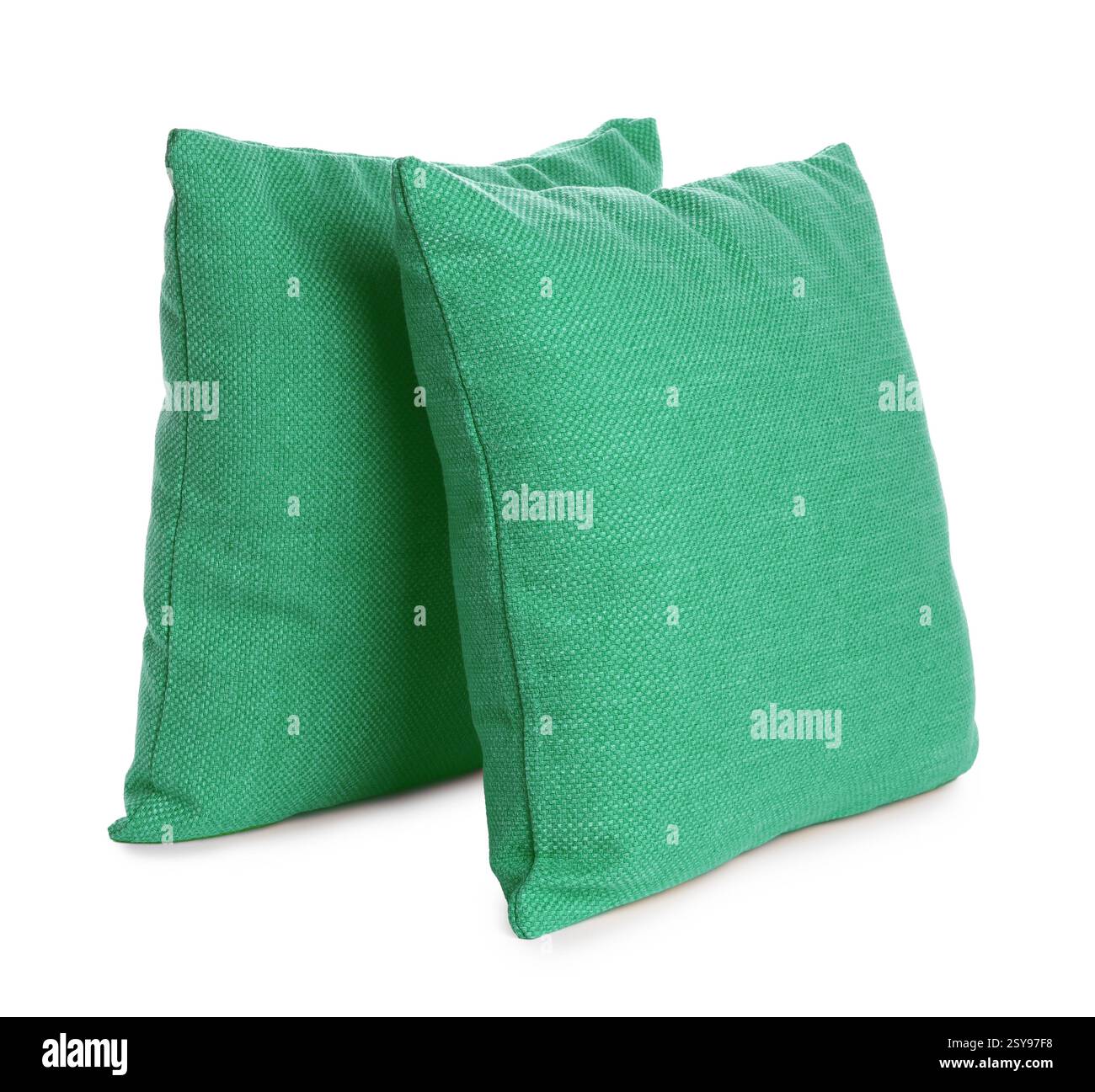 Cuscini di colore verde isolati su bianco Foto Stock