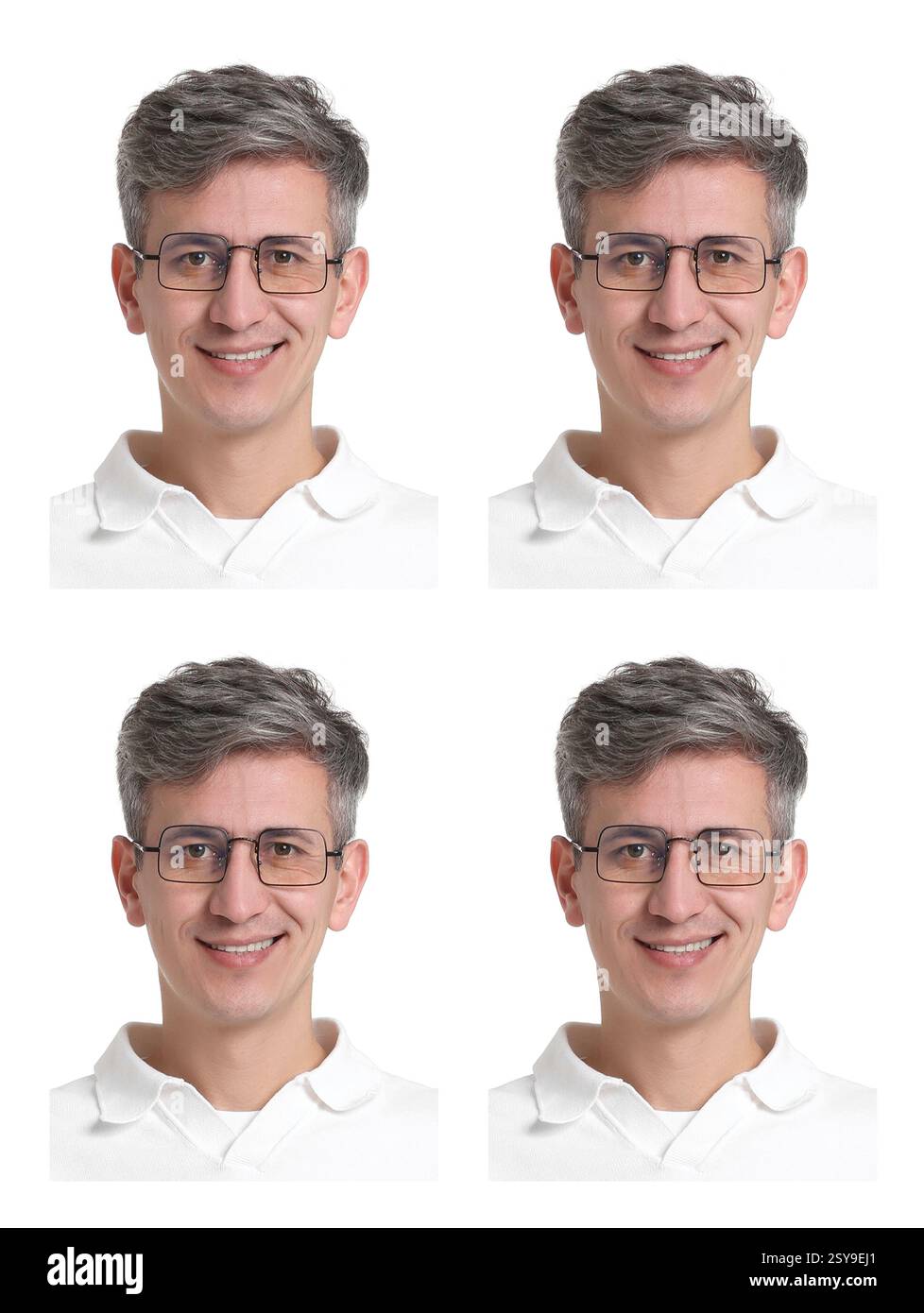 Foto di un uomo per passaporto o altro documento su sfondo bianco, set Foto Stock