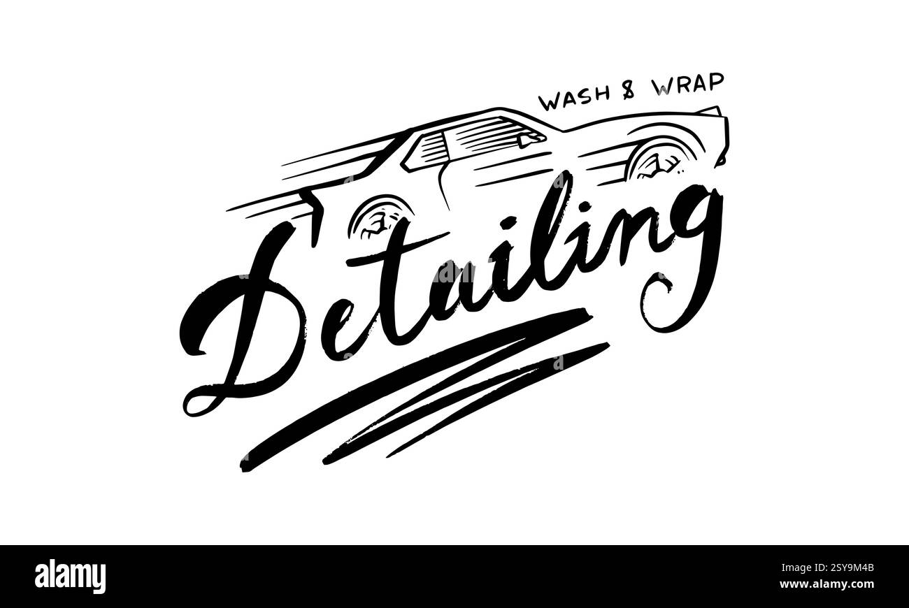 Scopri i dettagli dell'auto per la cura delicata della tua auto. Rivestimento in vinile e riparazione della carrozzeria. Lavare con lucidatura e sintonizzazione tradizionale a mano Illustrazione Vettoriale