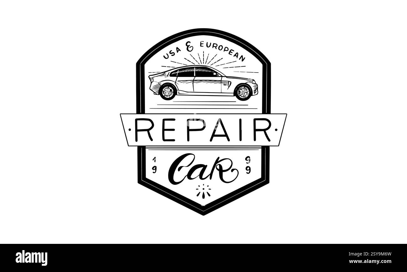 Meccanico o officina di riparazione auto per il tuo marchio. emblemi disegnati a mano per il servizio di garage. distintivo tradizionale inciso Illustrazione Vettoriale