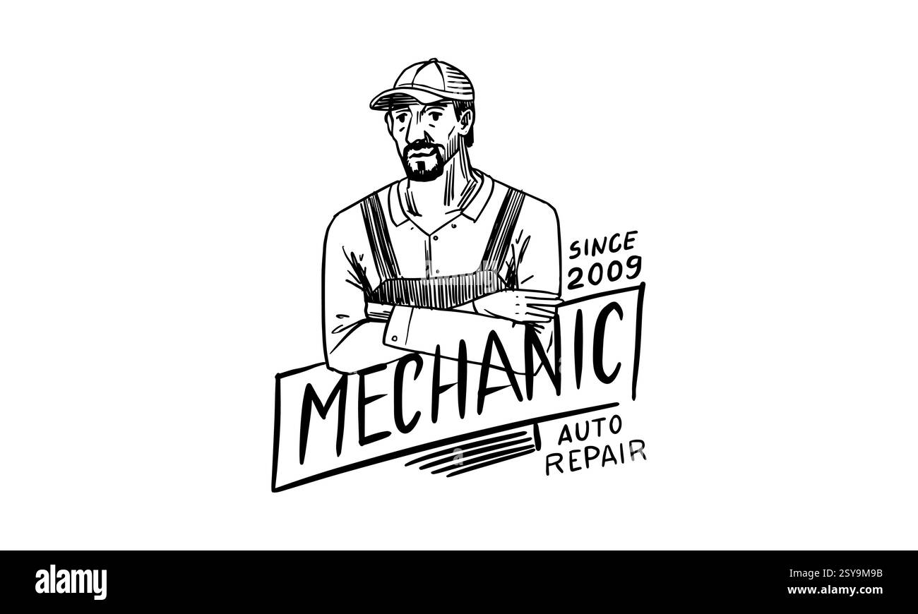 Meccanico o officina di riparazione auto per il tuo marchio. emblemi disegnati a mano per il servizio di garage. distintivo tradizionale inciso Illustrazione Vettoriale