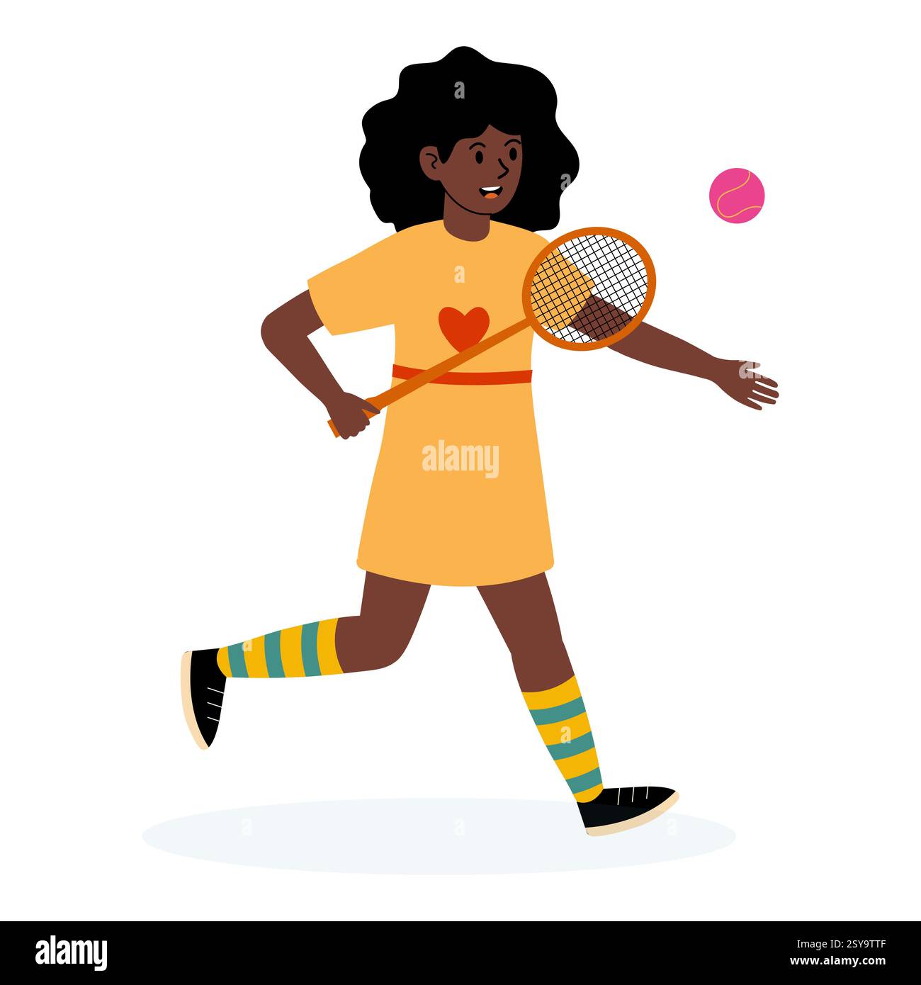 I bambini giocano a tennis all'aperto con una racchetta e una palla da tennis in un ambiente vivace Illustrazione Vettoriale