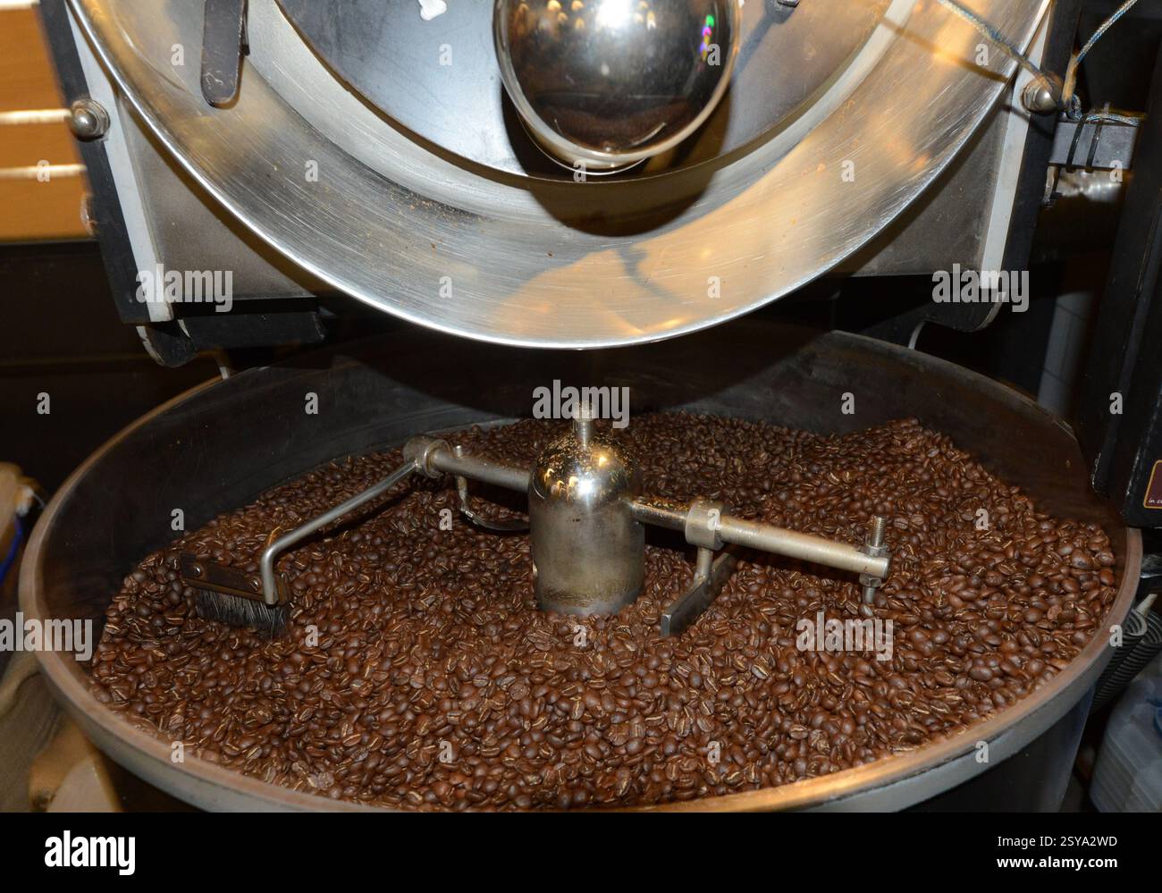 Torrefazione di chicchi di caffè freschi presso la caffetteria del museo di Belgrado, Serbia. Foto Stock