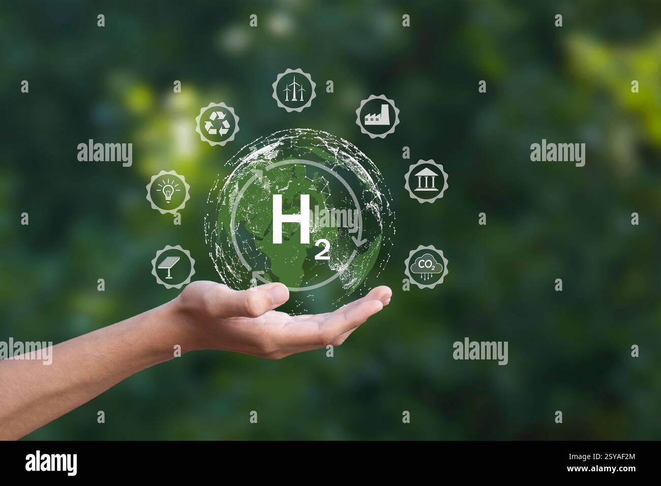 Concetto di energia pulita a idrogeno, energia alternativa rispettosa del clima per raggiungere emissioni nette di gas a effetto serra pari a zero. Foto Stock