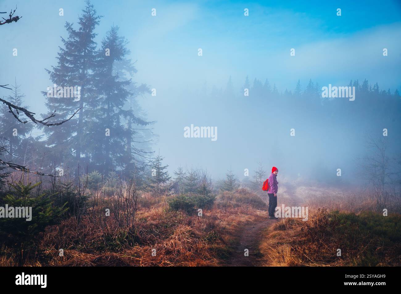 A Journey into the Unknown as a Female Hiker Walks through the dark Carpathian Landscape Foto Stock