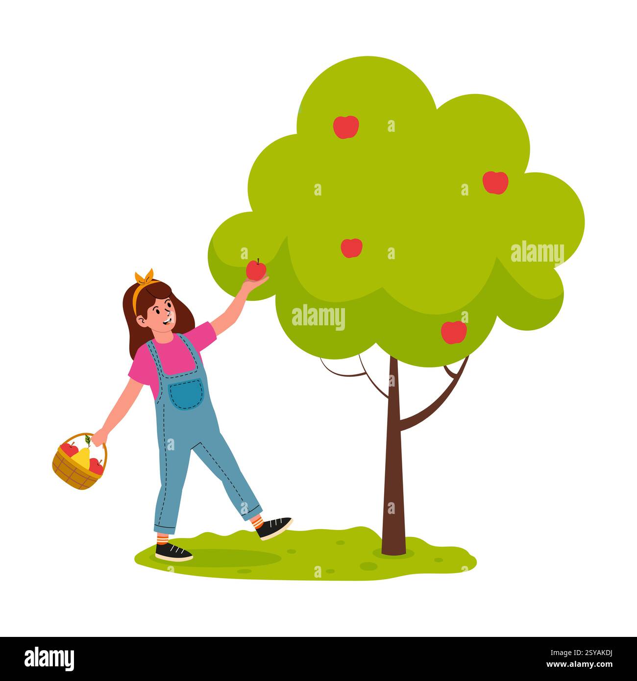 Ragazza che raccoglie le mele da un albero in un frutteto soleggiato mentre si gode una giornata di divertimento all'aperto Illustrazione Vettoriale