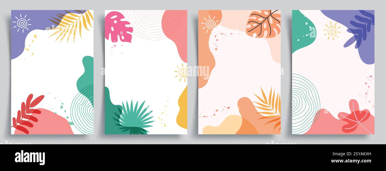 Set poster di sfondo clipart astratto estivo. Cartolina d'auguri per l'estate, collezione di sfondo con clip art tropicali con decorazioni colorate Illustrazione Vettoriale