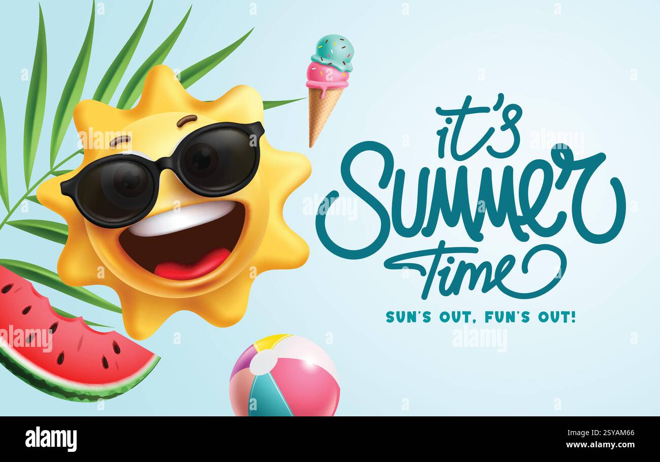 Design clipart di saluto in estate. Clip art del personaggio del sole che indossa occhiali da sole per una calda illustrazione vettoriale delle vacanze in spiaggia tropicali. Illustrazione Vettoriale