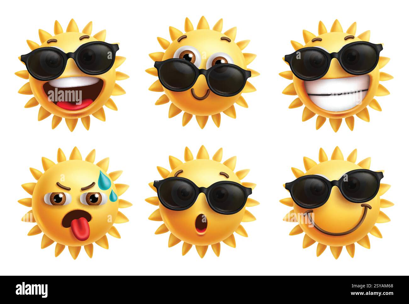 Occhiali da sole emoji personaggi clipart set. Clip art per il viso con emoji estive e collezione di occhiali da sole per illustrazione vettoriale con design emoticon. Illustrazione Vettoriale