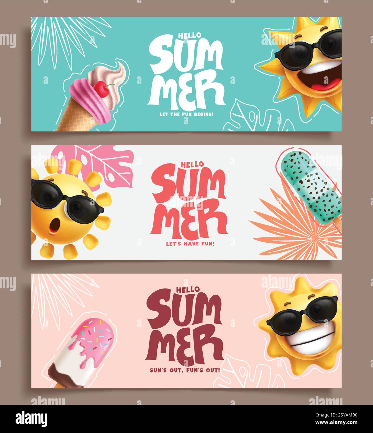 Buongiorno set banner clipart estate. Clip art di benvenuto estiva con carattere solare indossando occhiali da sole in colorato sfondo tropicale vettoriale Illustrazione Vettoriale